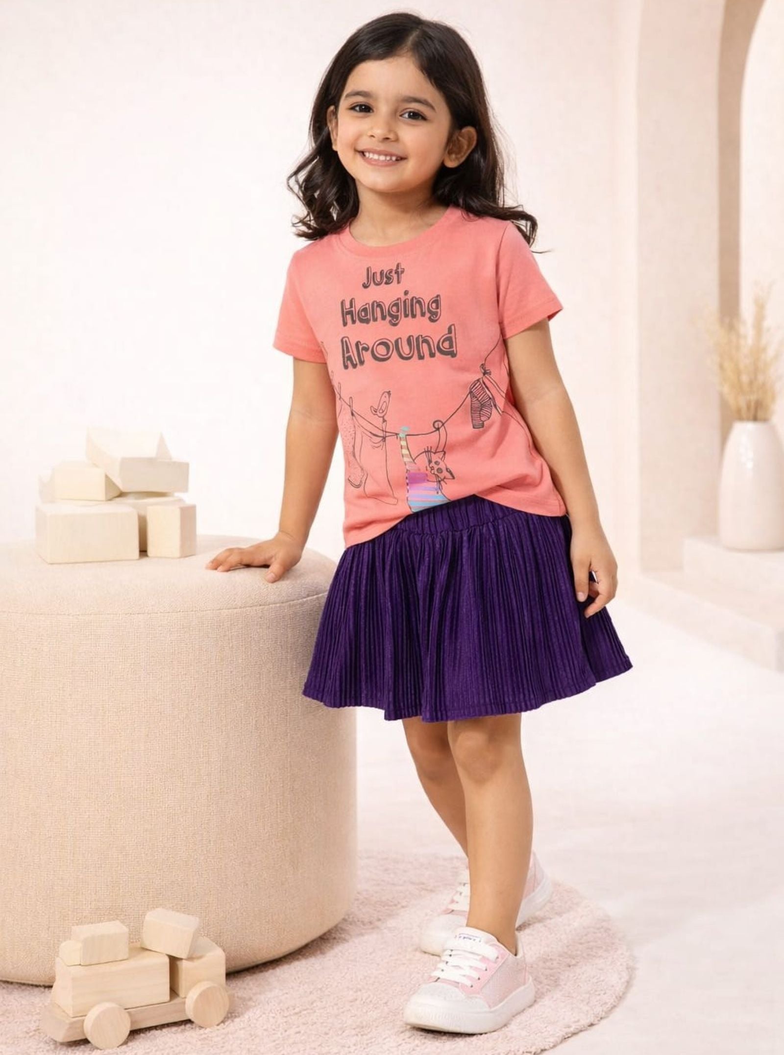 Girls Foil Printed Tee with Pleated Skirt