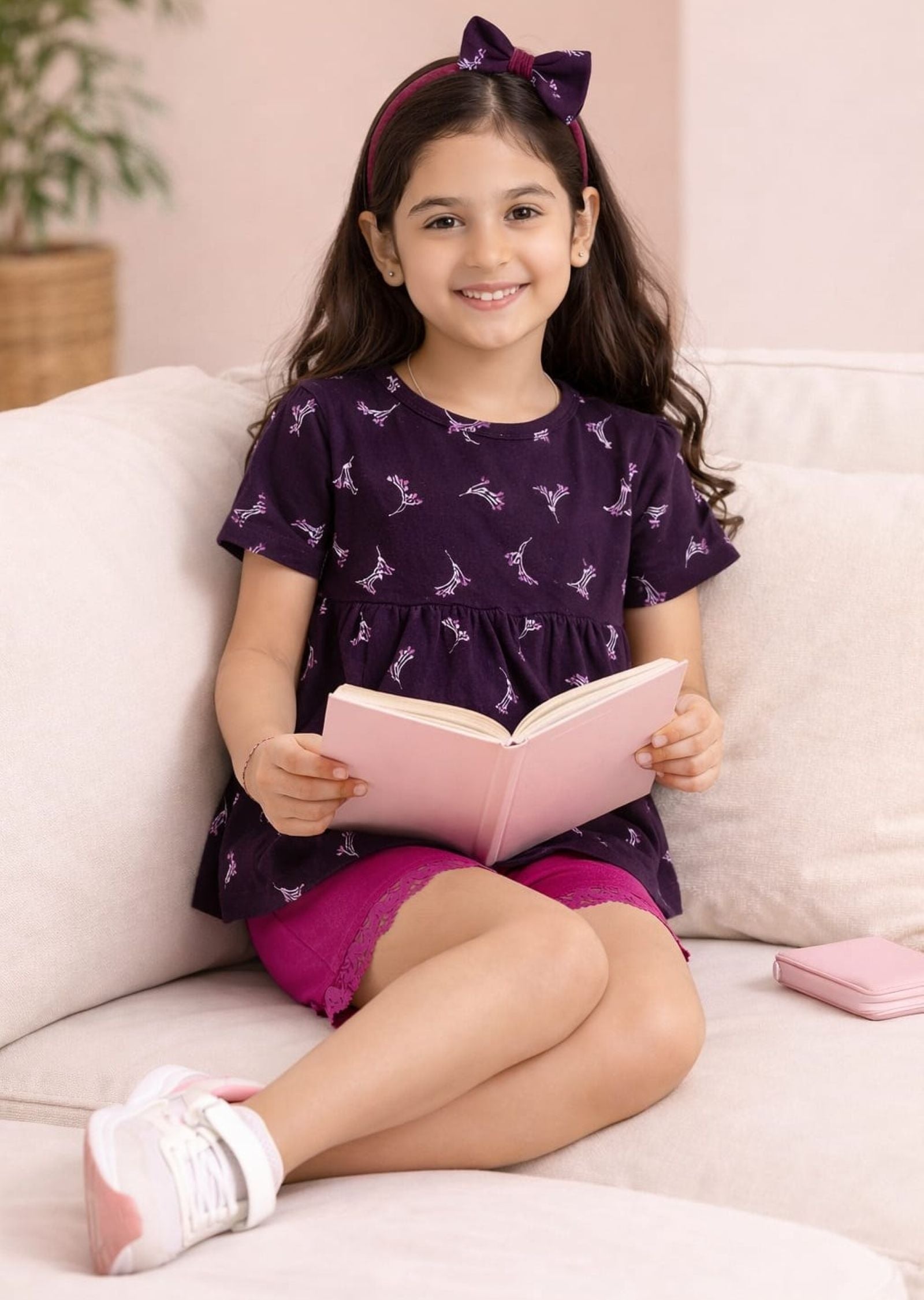 Girls Cherry Printed Peplum Top with Shorts and Hairband