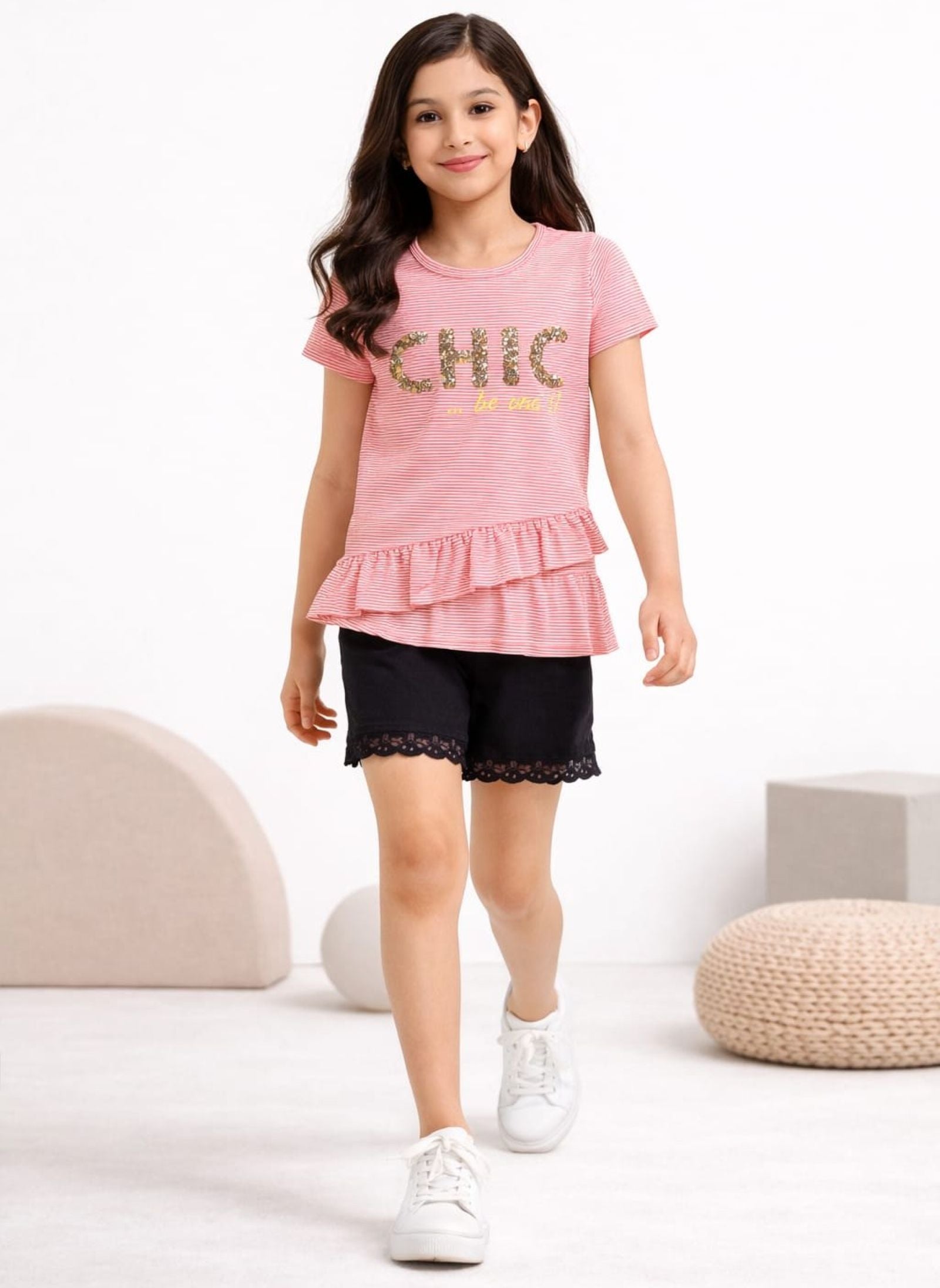 Girls Sequined Ruffle Top with Shorts P.