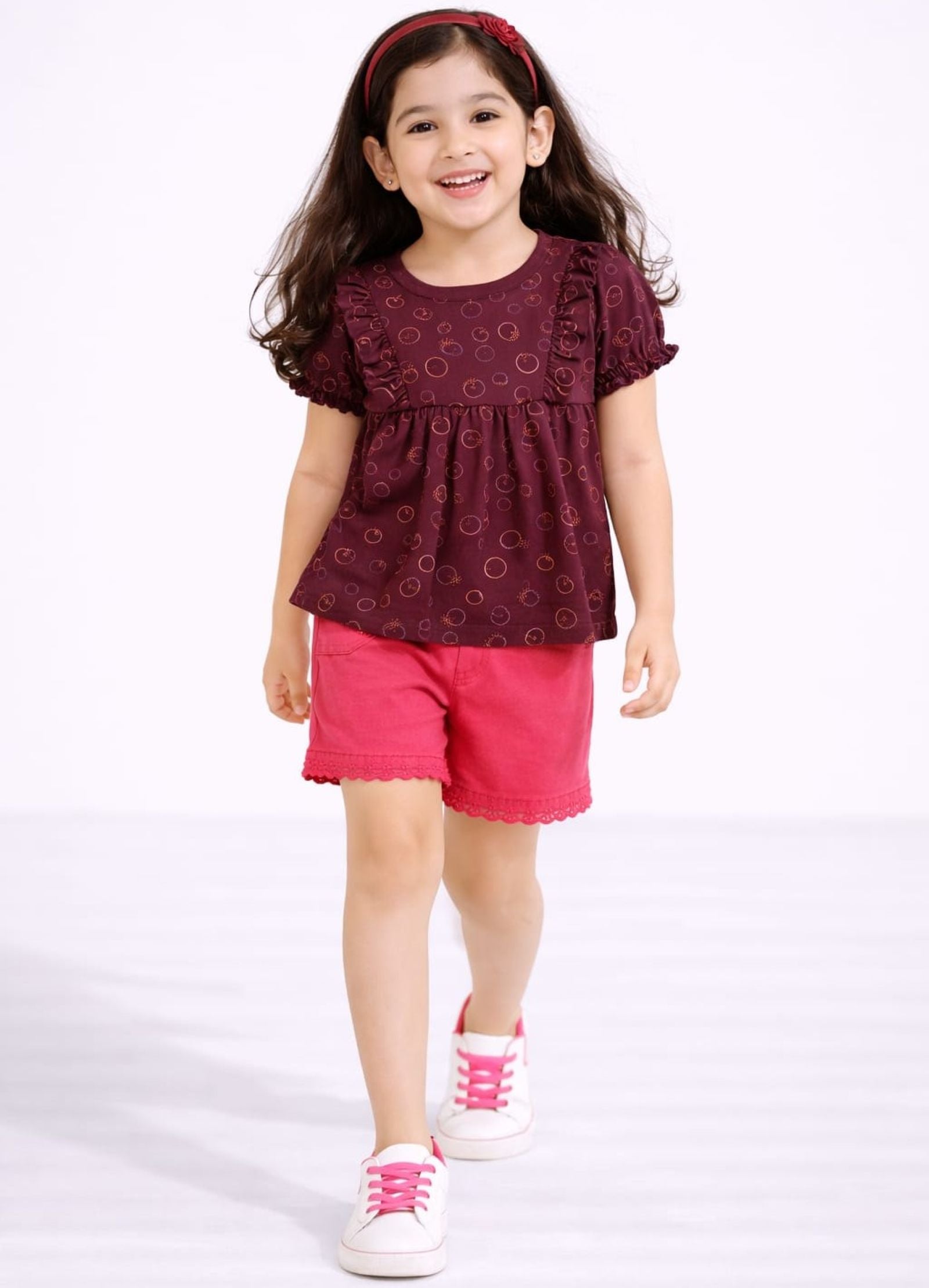 Girls Printed Peplum Top with Lace Detailed Shorts