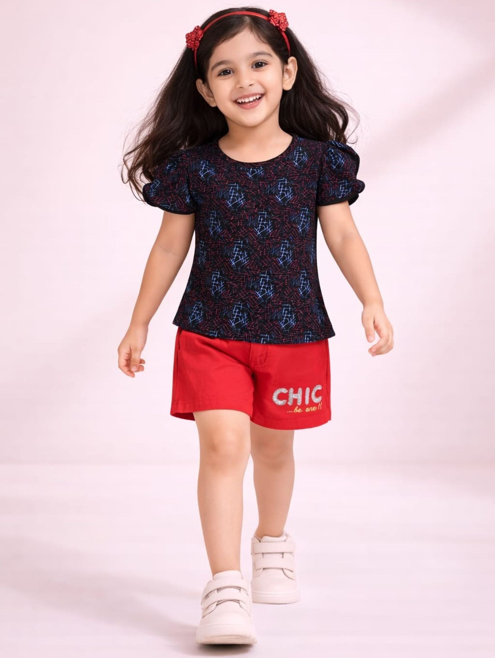 Girls Abstract Printed Tee with Embroidered Twill Shorts