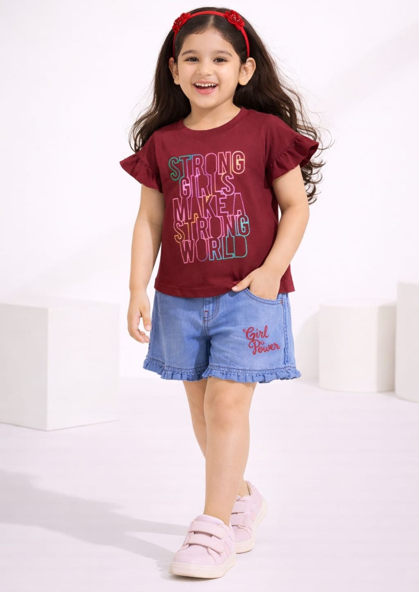 Girls Strong Girl Printed Tee with Embroidered Denim Shorts