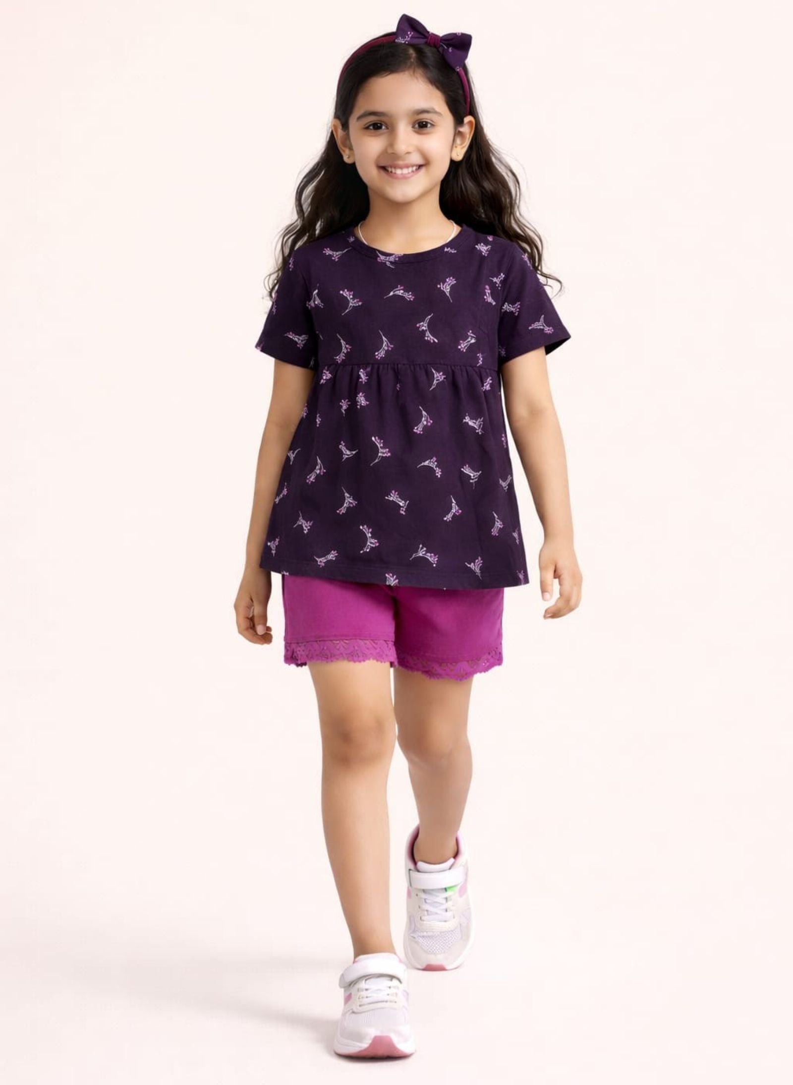 Girls Cherry Printed Peplum Top with Shorts and Hairband