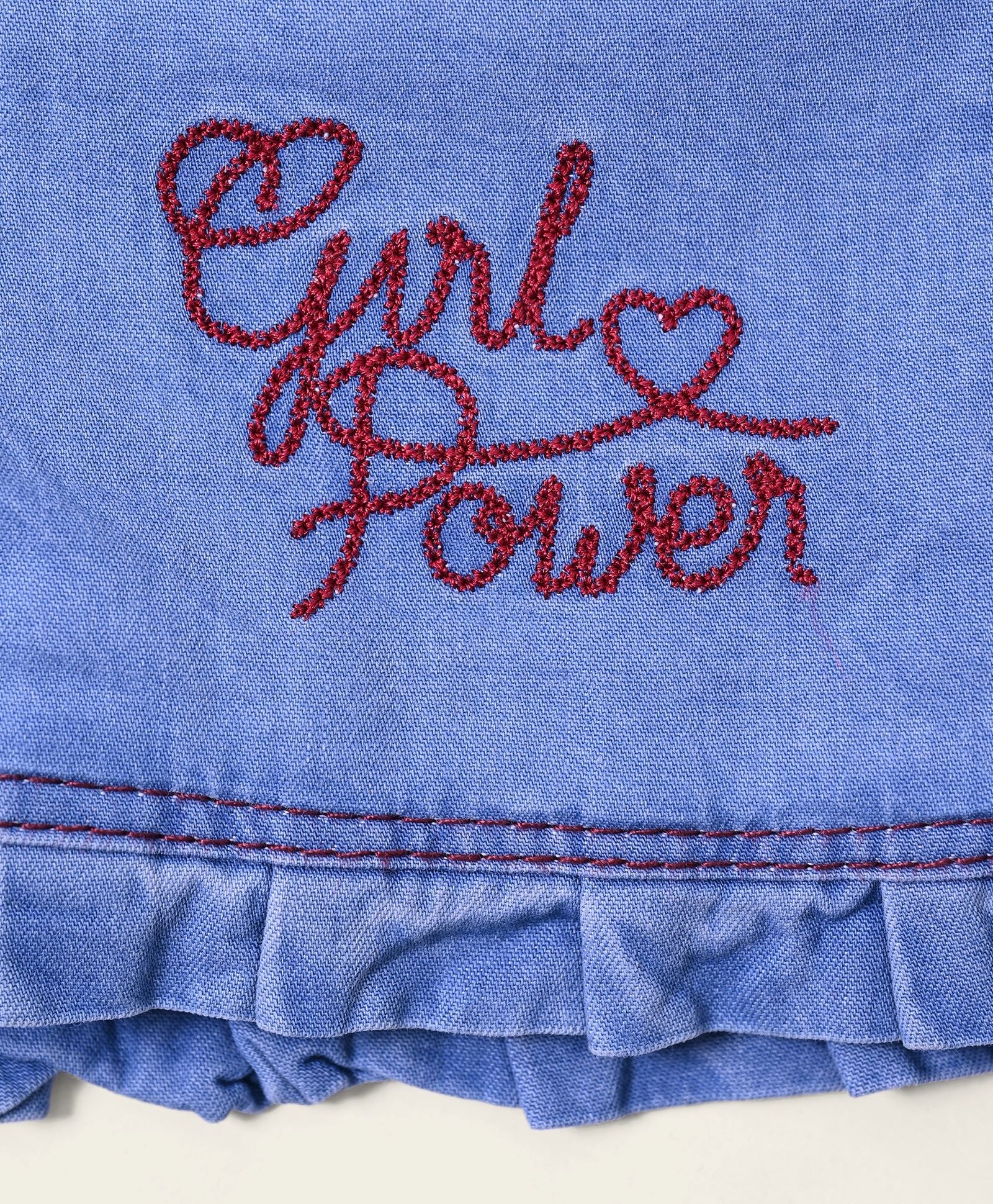 Girls Strong Girl Printed Tee with Embroidered Denim Shorts