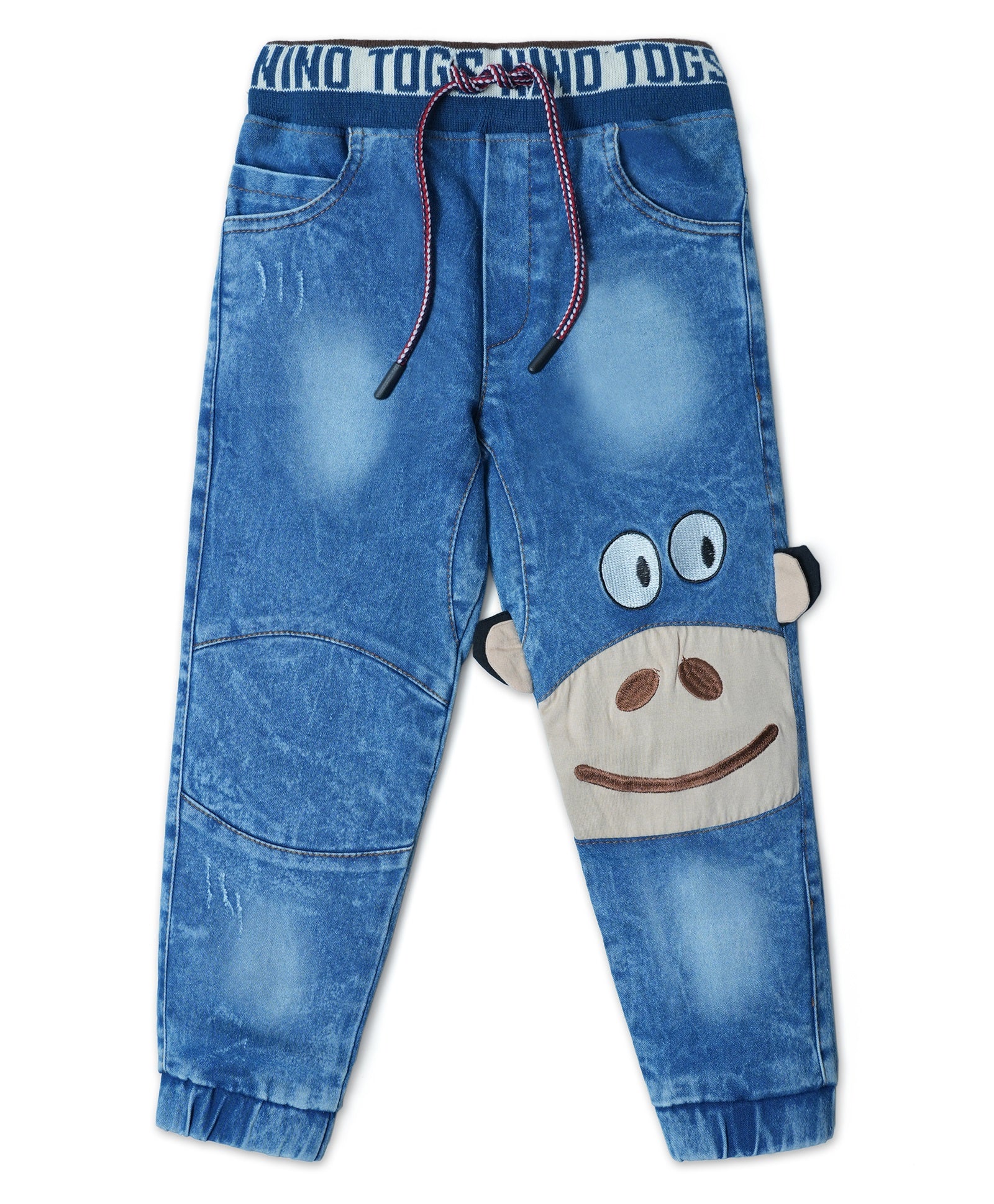 Stretchable Denim Jeans with Monkey Patch and Rib