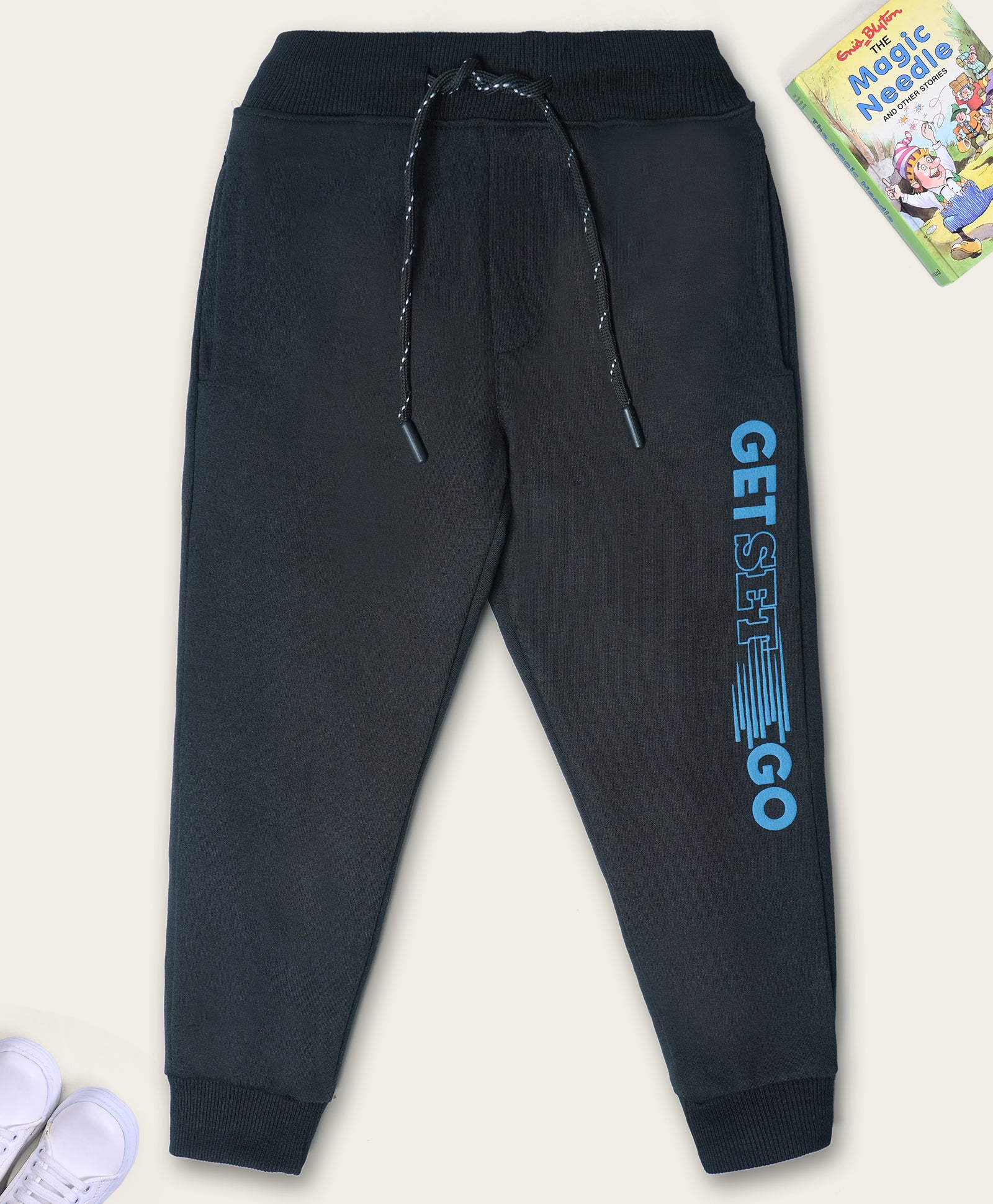 Cotton Looper Full Length Baby GetSetGo Printed Joggers - Black