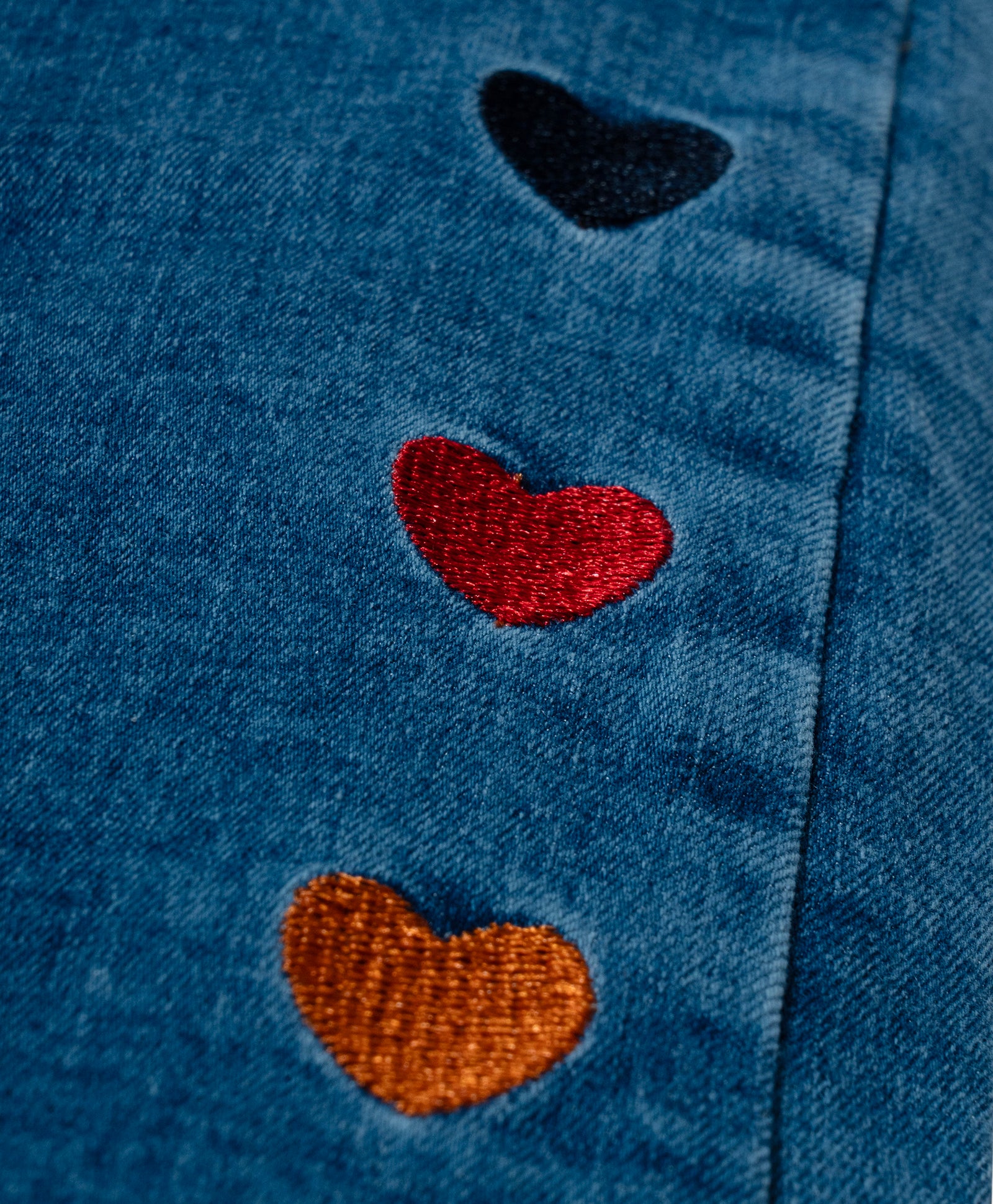 Cotton Denim Relaxed Fit Stretchable Jeans with Hearts Embroidery - Medium Blue